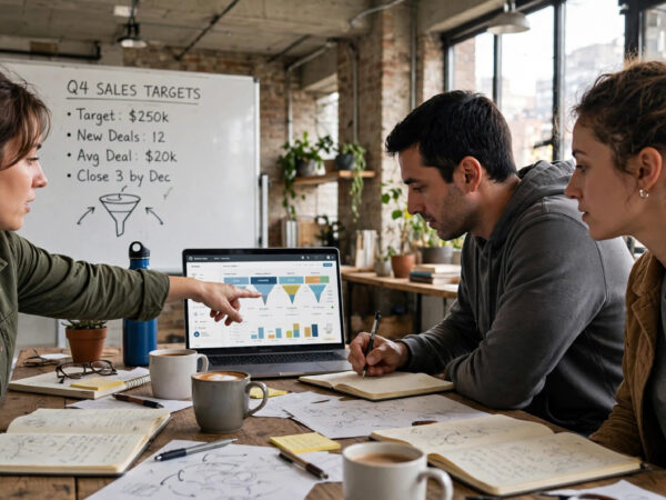 Small team reviewing the best low cost CRM for startups with small teams on a laptop