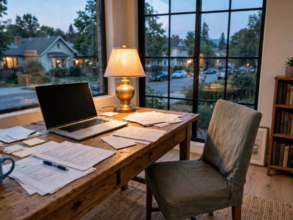 Home office owner calculating business insurance for home based business cost
