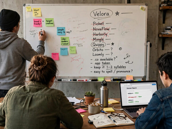 Team brainstorming using the how to name a startup company checklist