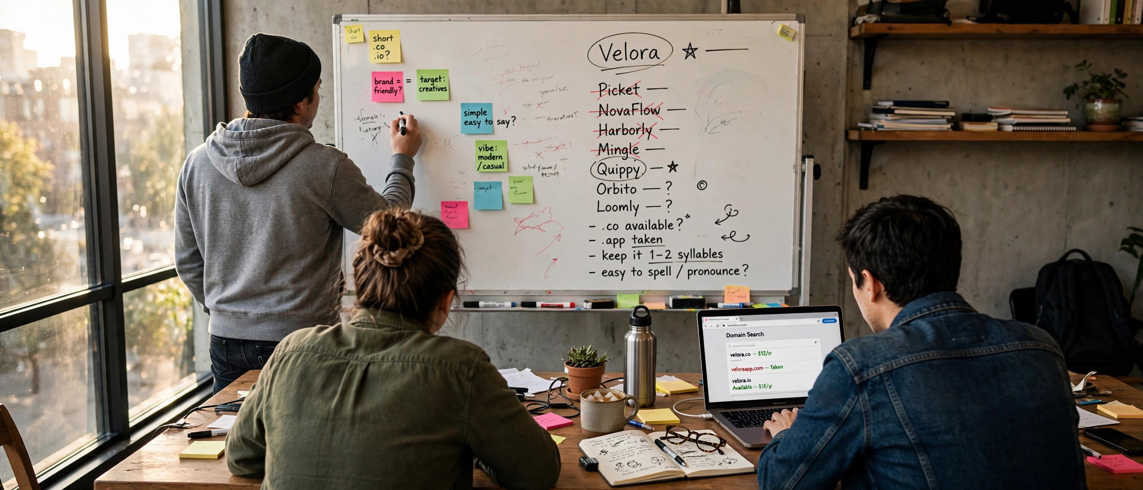 Team brainstorming using the how to name a startup company checklist