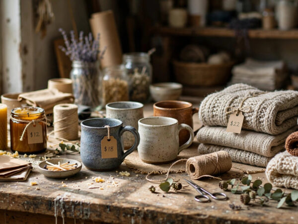 Artisan workbench with handmade candles and ceramics — how to price handmade products to sell online