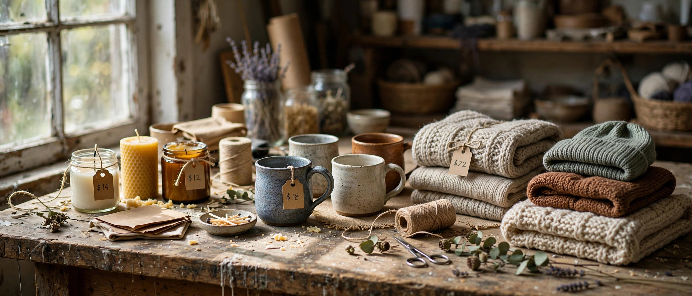 Artisan workbench with handmade candles and ceramics — how to price handmade products to sell online