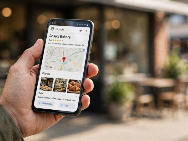 Google Business Profile listing for a new company on a phone