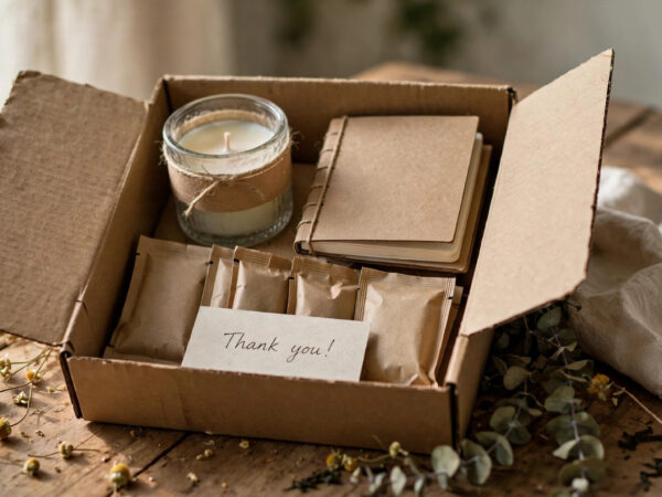 Open curated subscription box with candle and tea — how to start a subscription box business on a budget