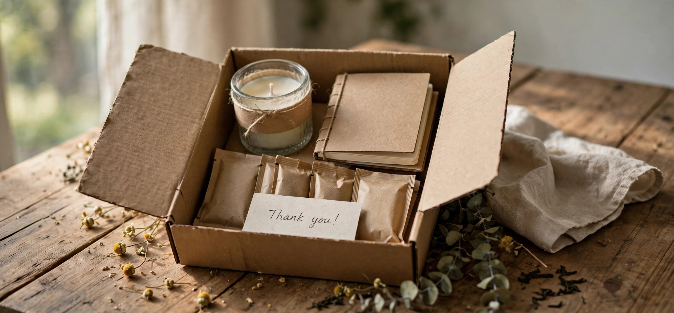 Open curated subscription box with candle and tea — how to start a subscription box business on a budget