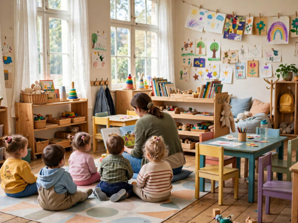 Bright daycare classroom with caregiver reading to toddlers — how to write a business plan for a daycare center