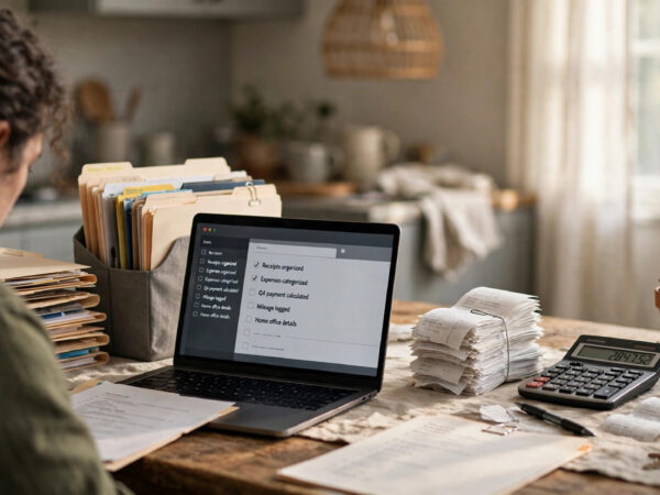 Small business owner working through a small business tax deductions checklist at home