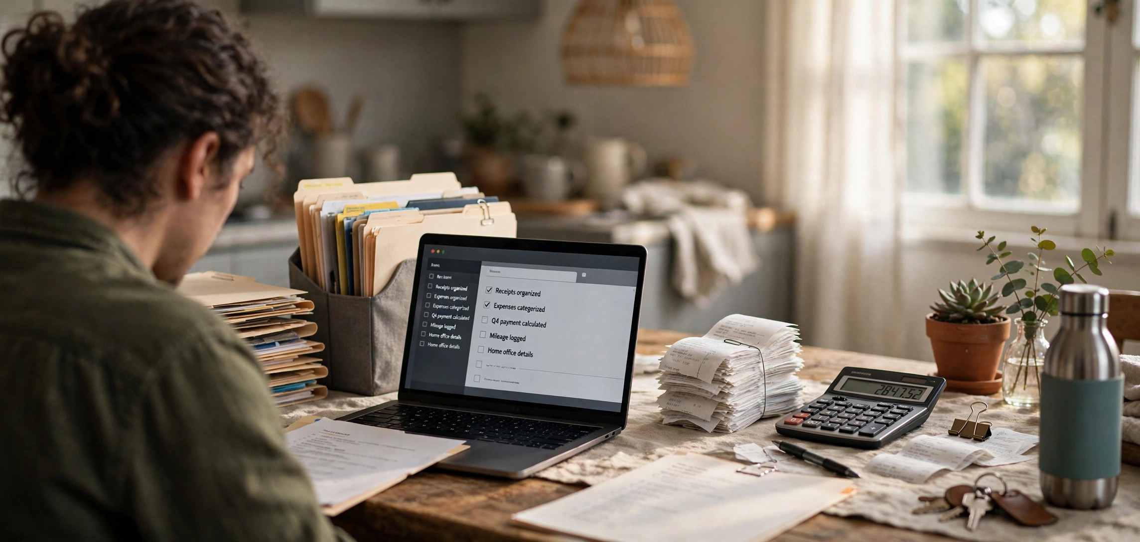 Small business owner working through a small business tax deductions checklist at home