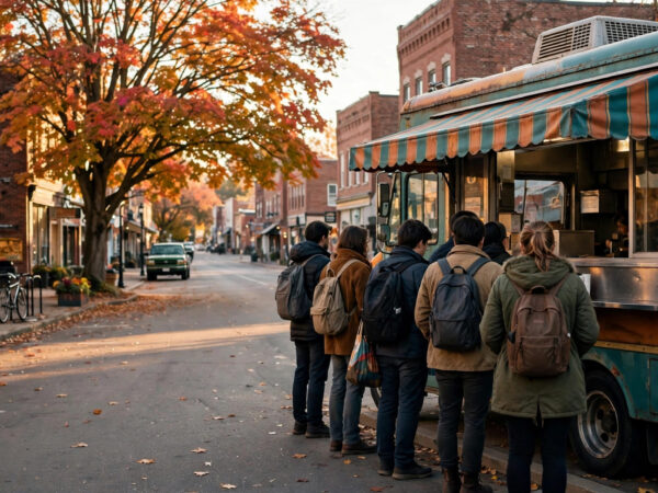 Food truck serving customers on a small-town main street — startup costs for food truck in small town breakdown
