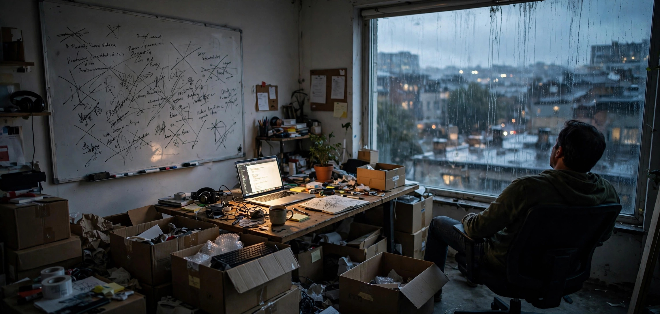 Founder reflecting on startup failure rate first year reasons in a quiet office
